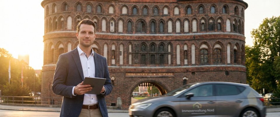 Fidelis Süttmann, Inhaber ImmoVerwaltung-Nord, vor dem Holstentor Lübeck