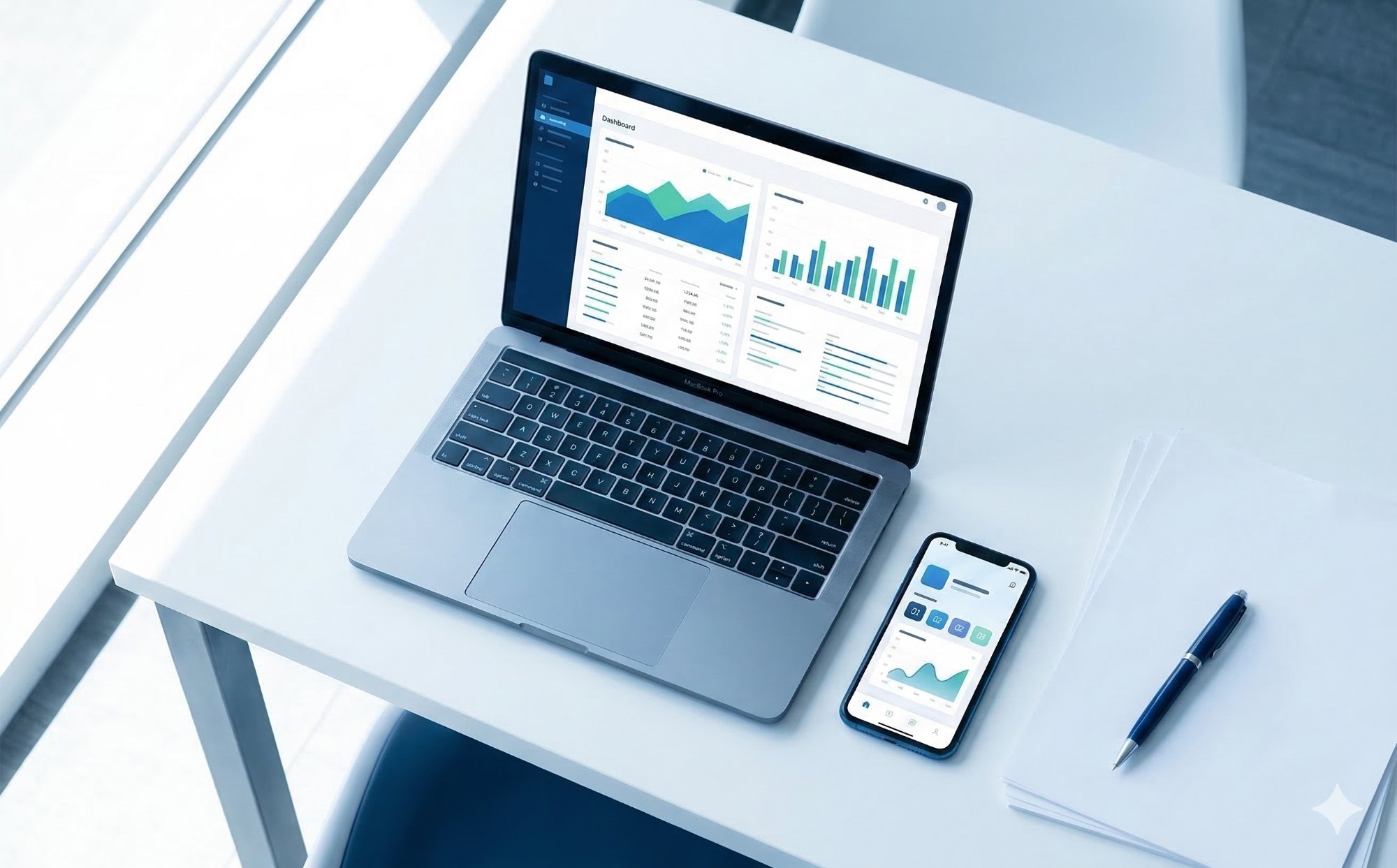 Digitale Hausverwaltung: Laptop mit Dashboard-Software und Smartphone-App auf modernem Schreibtisch