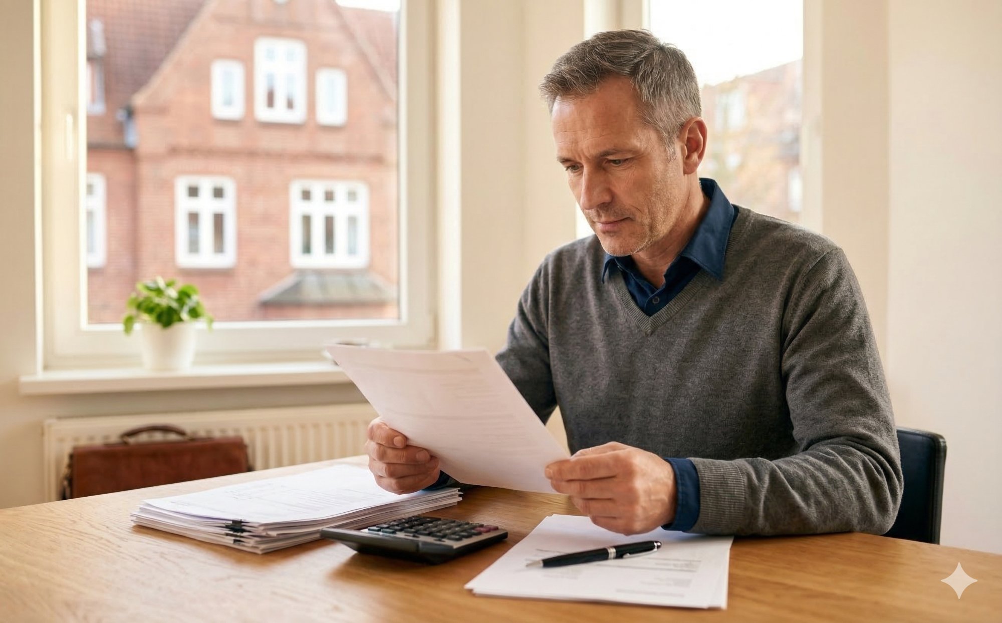 Vermieter prüft Nebenkostenabrechnung am Schreibtisch mit Dokumenten und Taschenrechner