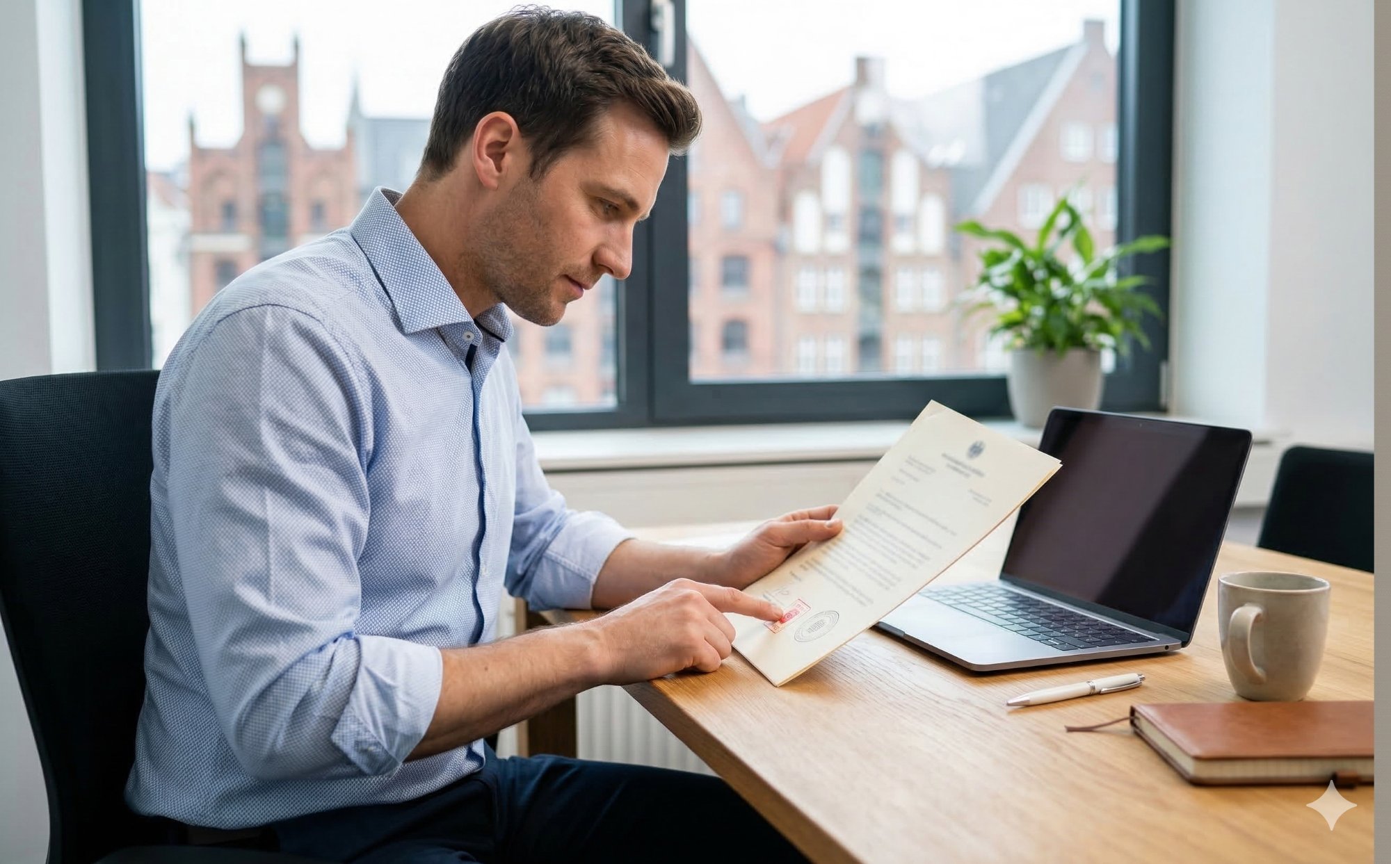 Zertifizierter Verwalter nach § 26a WEG: Hausverwalter prüft IHK-Zertifikat im Büro mit norddeutscher Backsteinkulisse