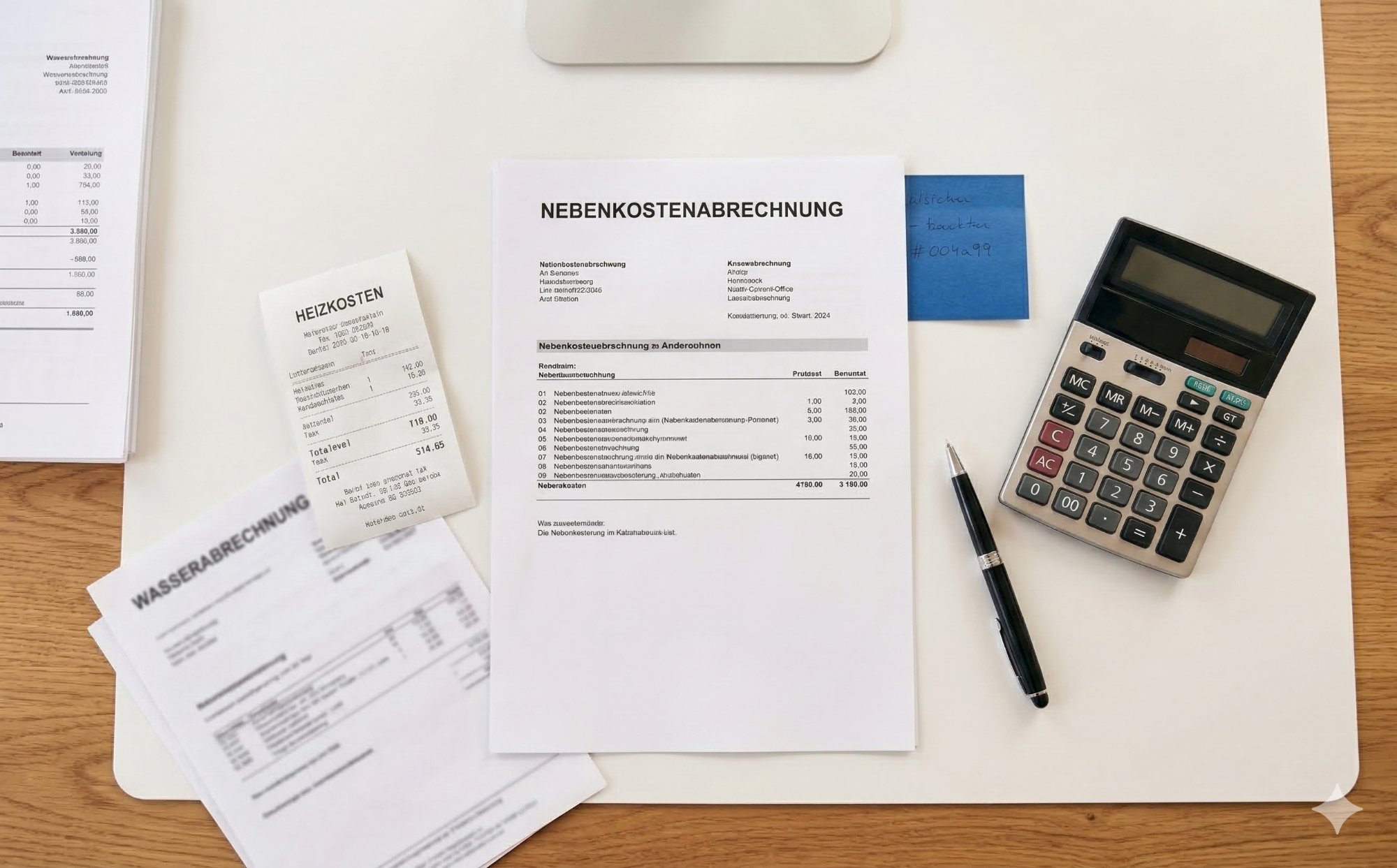 Nebenkostenabrechnung und Belege ausgebreitet auf Schreibtisch, Taschenrechner daneben