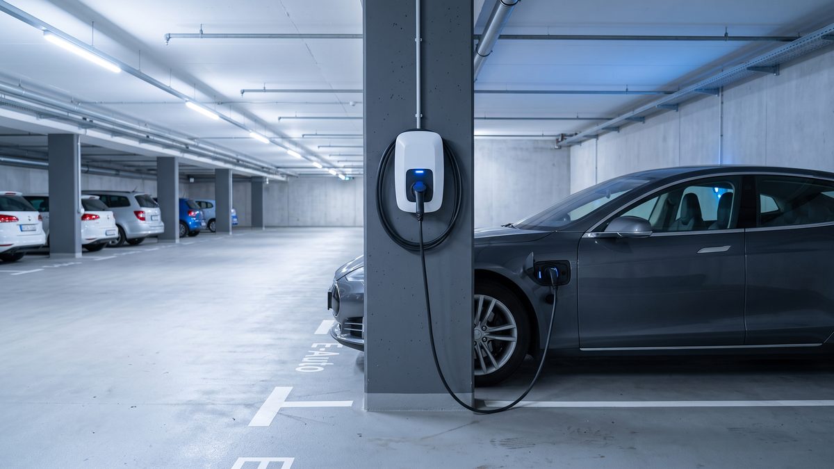 Wallbox mit ladendem Elektroauto in der Tiefgarage einer WEG