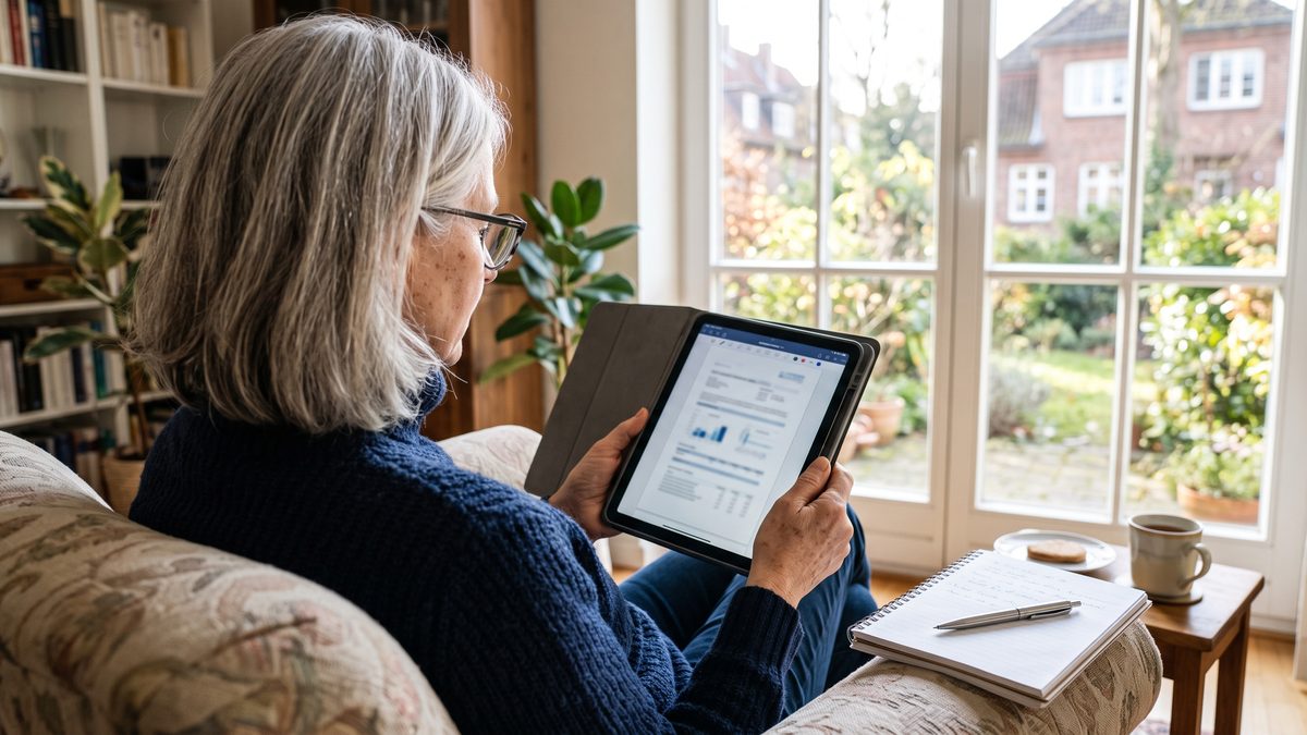 Beiratsmitglied prüft Belege der Hausverwaltung am Tablet