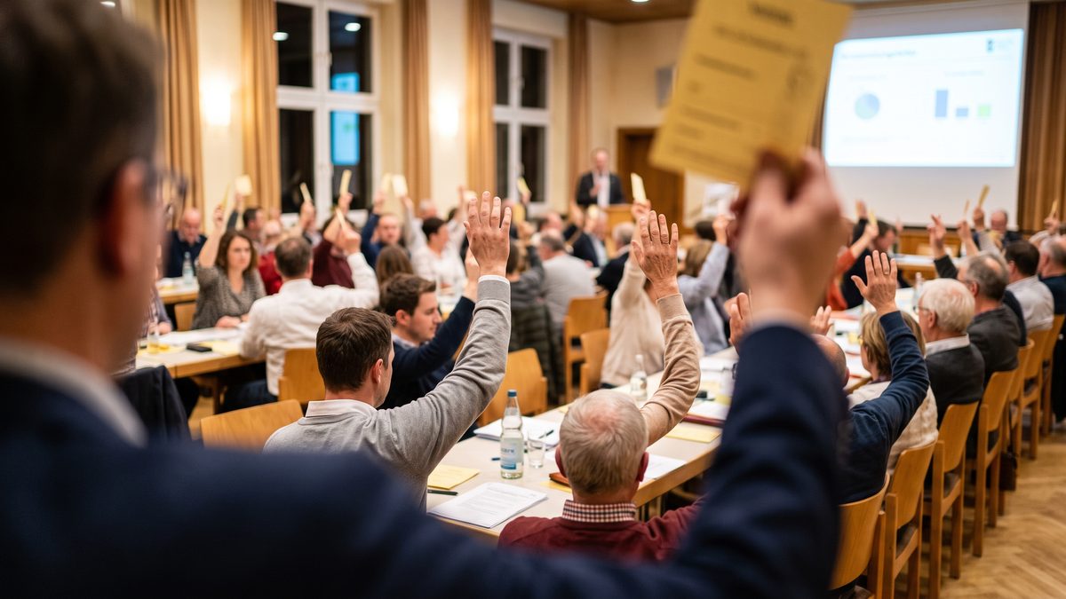 Eigentümer stimmen in der Eigentümerversammlung per Handzeichen über einen Beschluss ab