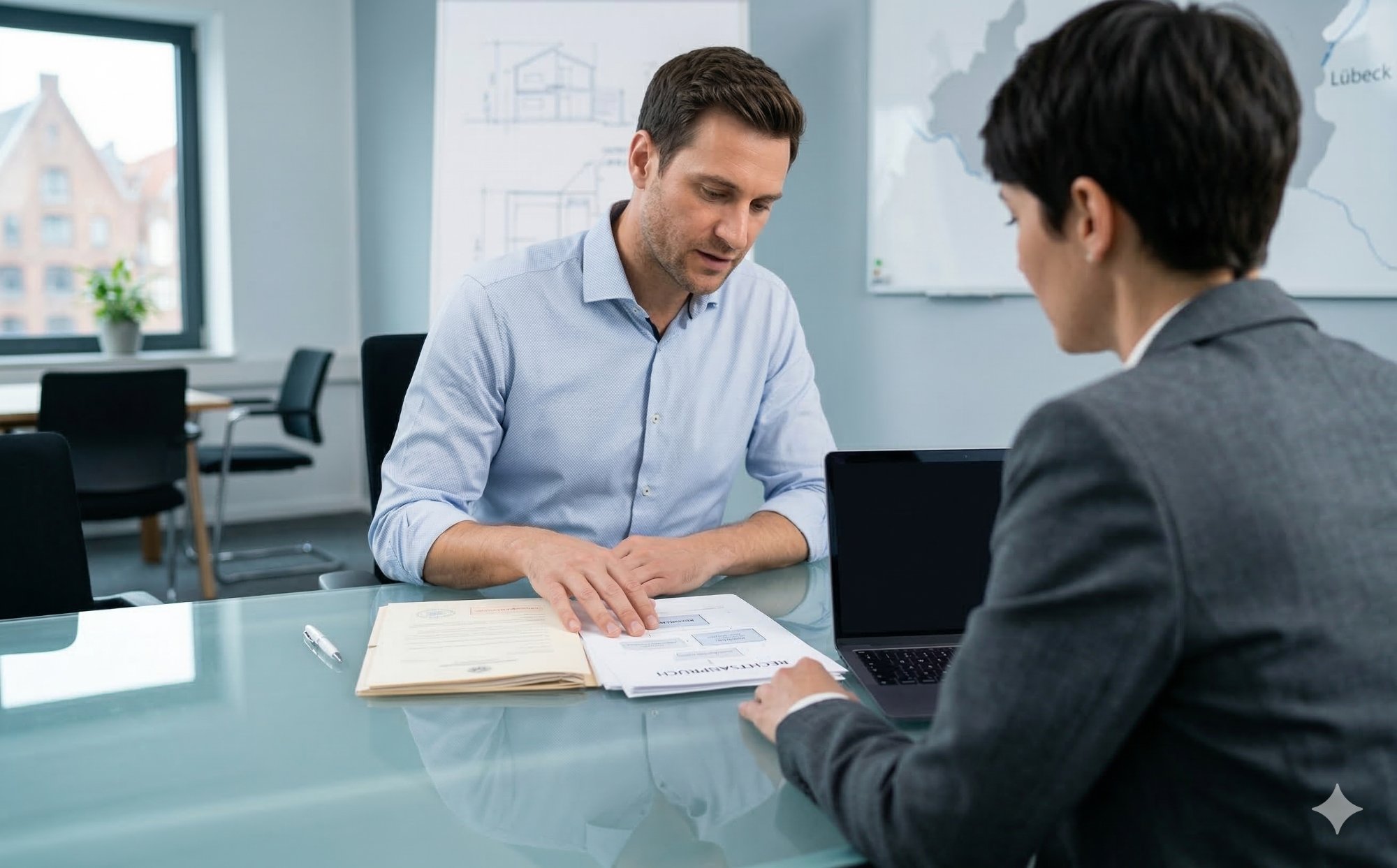 Verwalter und Eigentümer besprechen Dokumente im Beratungsgespräch: Rechtsanspruch auf zertifizierten Verwalter nach § 19 WEG